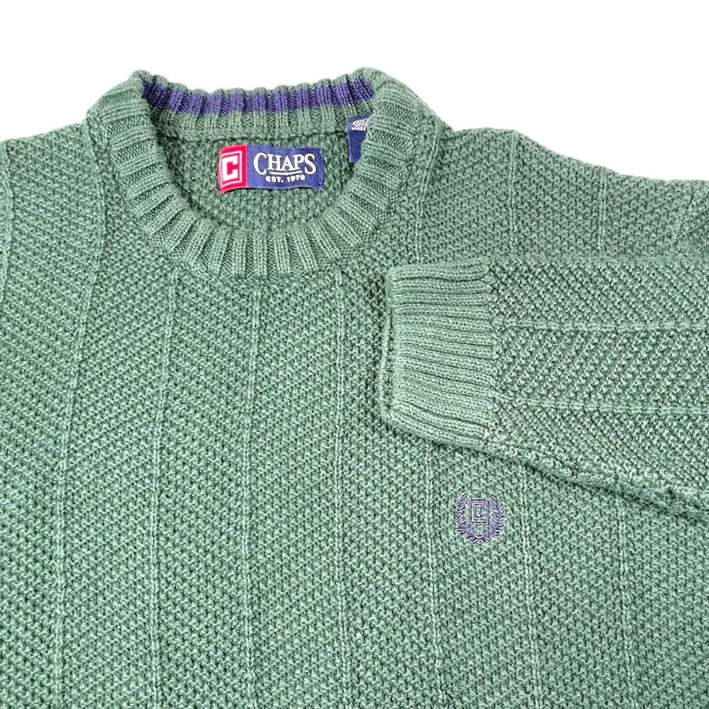 Chaps Large Green Crewneck Sweater Textured Knit Logo Preppy Heritage